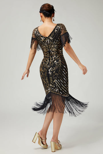 V Neck Bodycon Black Golden Sequin Fringed 1920s Dress with 5-Piece Accessories Set